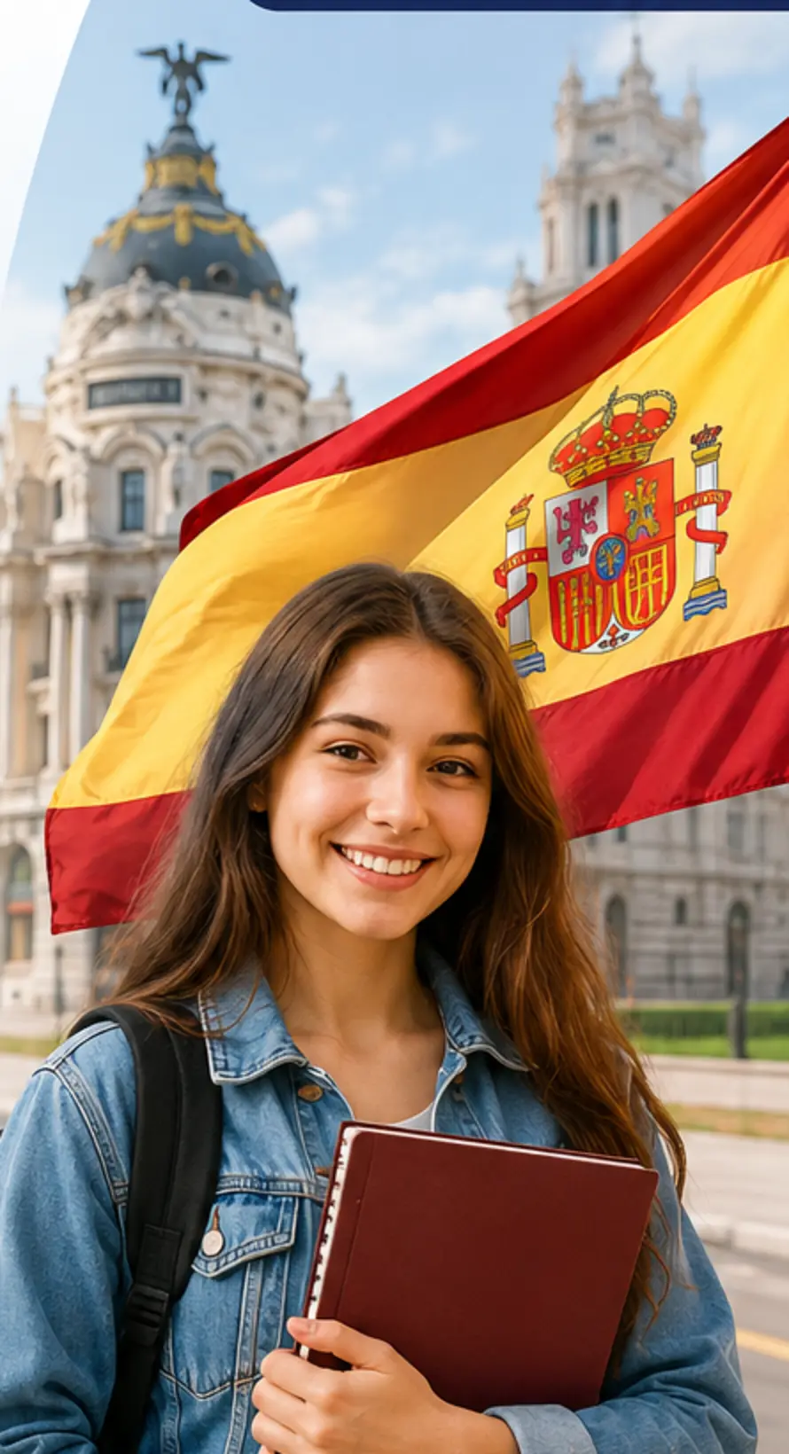 Estudiante con la bandera de España frente a un edificio de Madrid